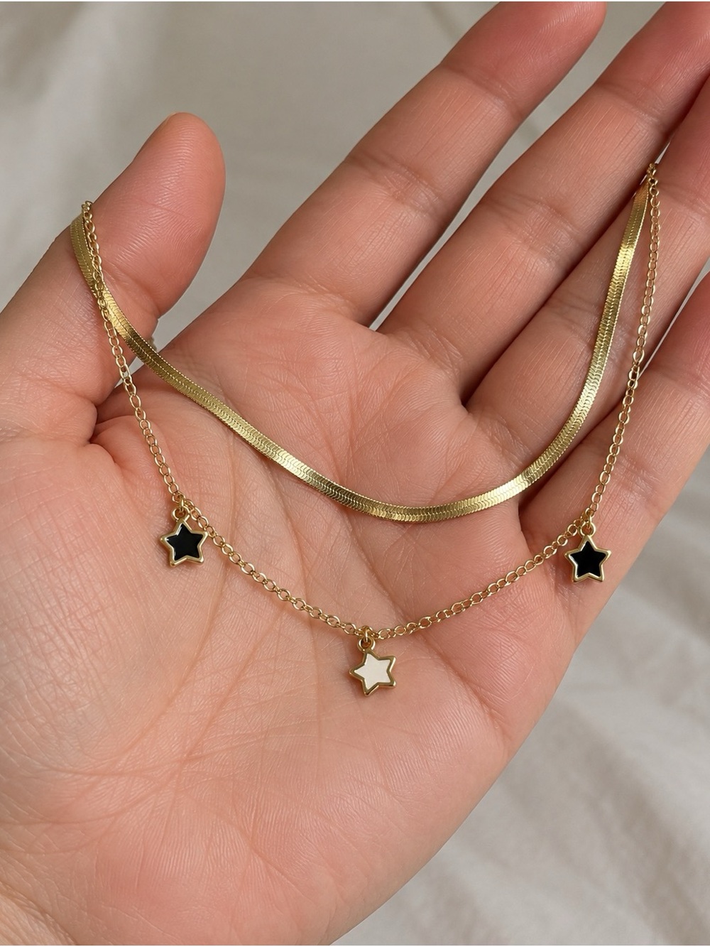 Matching Gold Star Layered Necklace & Bracelet Set | Black White Enamel